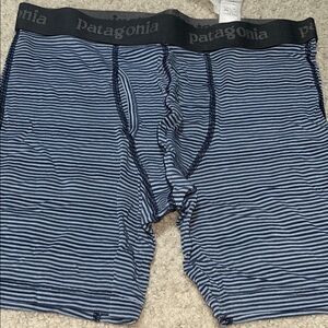 Patagonia Men's Navy and Light Blue Striped Boxer Briefs